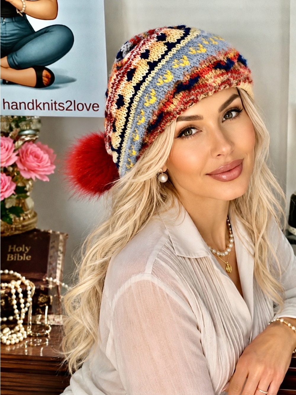 Beanie Slouch Hat Cap “ Hand by Knits 2 Love” Fair-isle Faux Fur Pom Pom Miltico